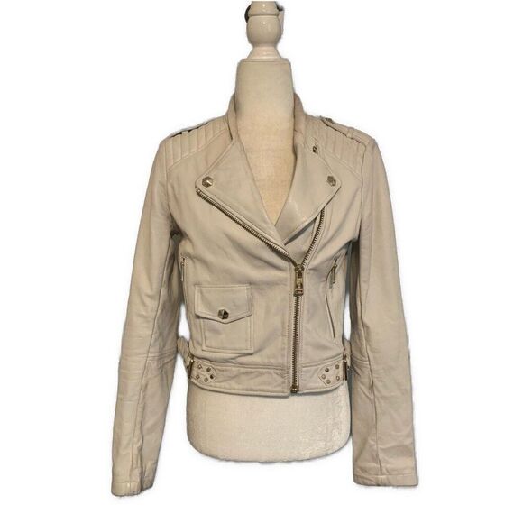 Guess Womens Lamb Leather Solid Ivory Long Sleeve Motorcycle Jacket Small - Picture 1 of 10